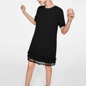 Zara Woman Black Tassel Fringe Shift Mini Dress Short Sleeve Size Medium
